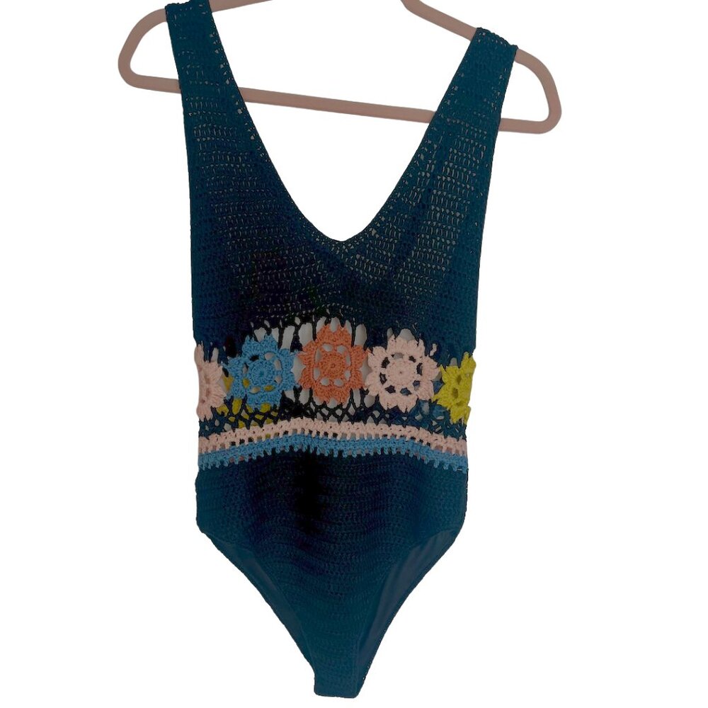 NWT Thinkable Boho Crochet Bodysuit – Black w/ Colorful Rosette Details